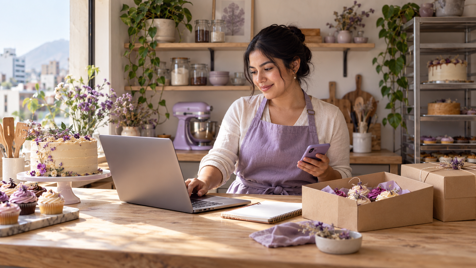 Imagen ilustrativa de una emprendedora de repostería organizando su negocio con una laptop y un celular